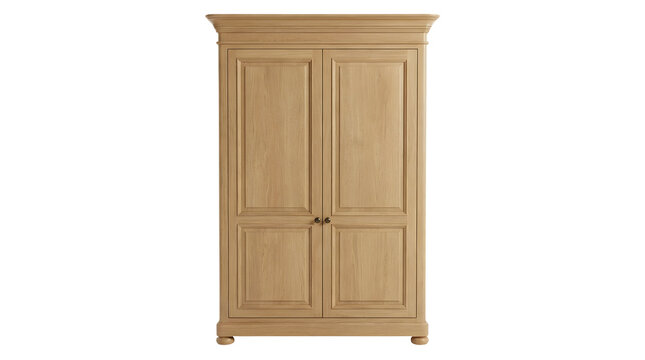 Large wooden wardrobe armoire with a natural light oak finish, featuring two tall doors with recessed rectangular panels, small round dark knobs, decorative crown molding, and short rounded feet