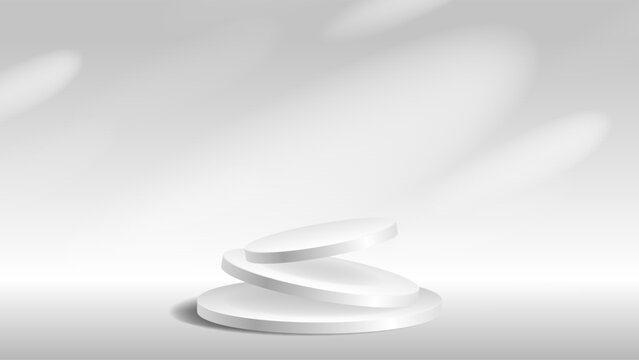 White podium vector illustration with curved layered steps and soft shadows, designed for artistic product displays, fashion branding, exhibitions, and modern advertising.
