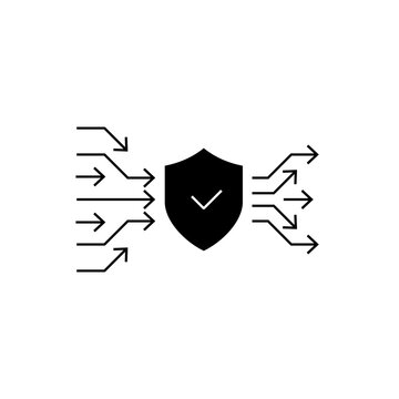 Cybersecurity icon routing multiple data paths through a shield, symbolizing layered network security, protected information flow, traffic filtering, packet control, and secure connectivity.