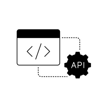 Cybersecurity icon connecting a code window with API gear, illustrating secure software integration, protected application interfaces, developer tools, coding, authentication, and access control.