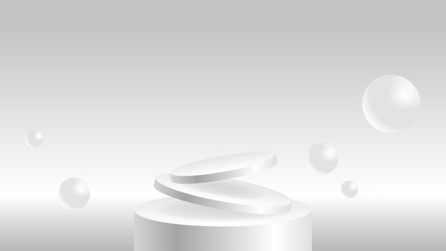 Sculptural white platform vector scene featuring a curved raised stand and floating spheres, suitable for luxury packaging, beauty products, creative showcases, and editorial art.