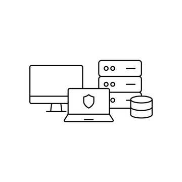 Secure IT infrastructure visuals: desktop and laptop with servers and storage devices underline comprehensive data protection, endpoint security, and data-center resilience.