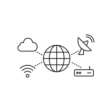 Unified cyber defense across cloud, network, and endpoints: a globe, cloud, router, and satellite icon illustrate scalable, interconnected security for modern digital ecosystems.