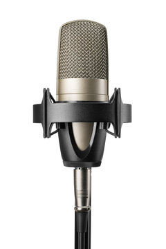 Professional studio microphone on stand for audio production isolated. Transparent PNG image.