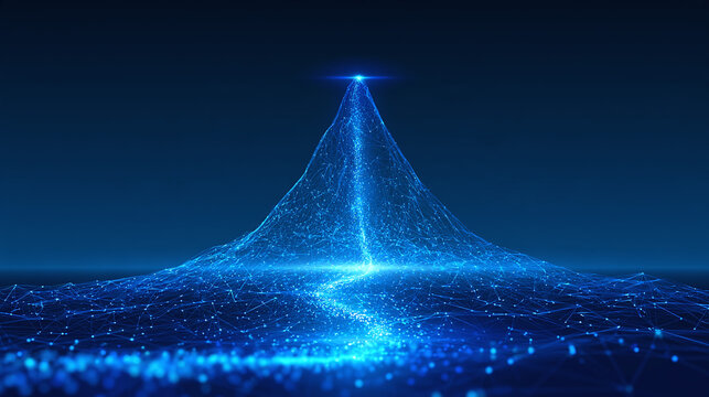 Abstract blue data wireframe mountain peak representing digital success