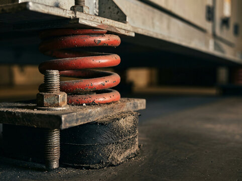 Close-up of a heavy-duty industrial rubber vibration isolator and weathered red coil spring supporting large machinery equipment in a manufacturing factory or mechanical plant environment.