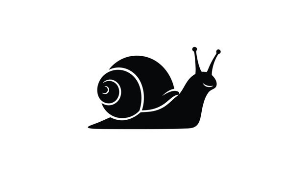 Minimalist black silhouette of a cute snail with spiral shell crawling slowly isolated on a clean white background.