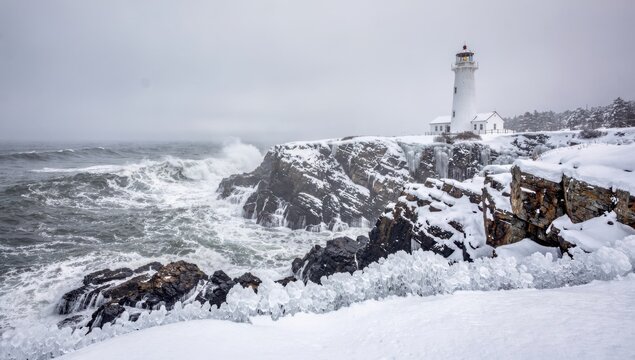A white lighthouse stands prominently on a rocky coastline during a winter storm