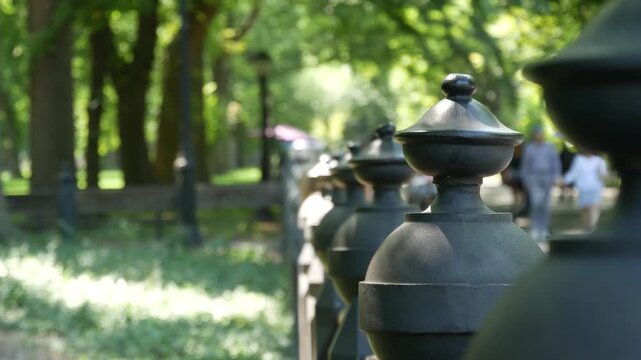 Raw of wooden benches in Central Park of New York City, United States. People on summer day in NYC, Manhattan, USA. Defocused perspective, old green trees in american park. Leaves in sunshine.