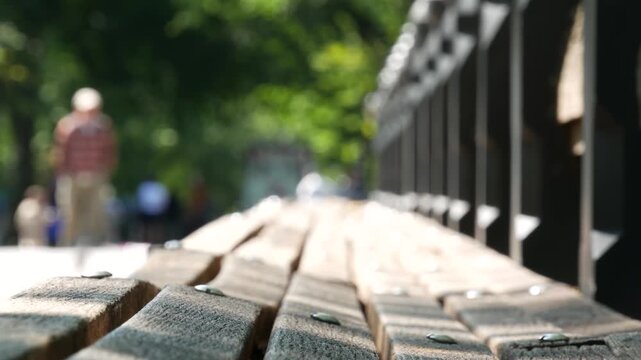 Raw of wooden benches in Central Park of New York City, United States. People on summer day in Manhattan, USA. Defocused perspective, green trees in american park.