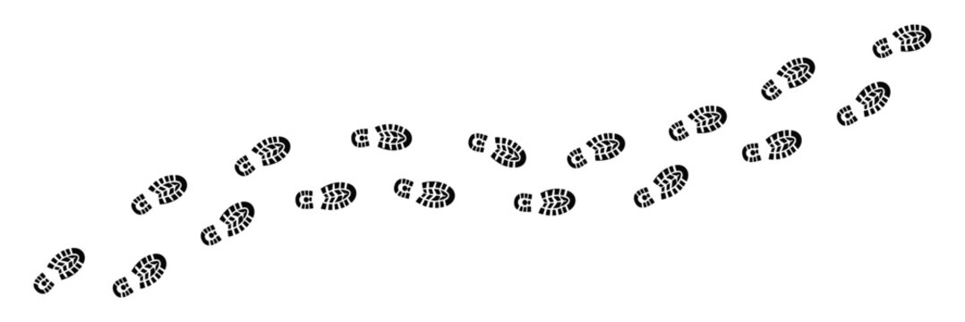 Black bootprint trail pattern with repeated rugged shoe sole footprints arranged diagonally across a white background, isolated footwear tracks for hiking, walking, outdoor adventure, tracking, naviga