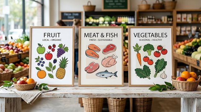 Charming grocery store display with three framed artwork of food categories