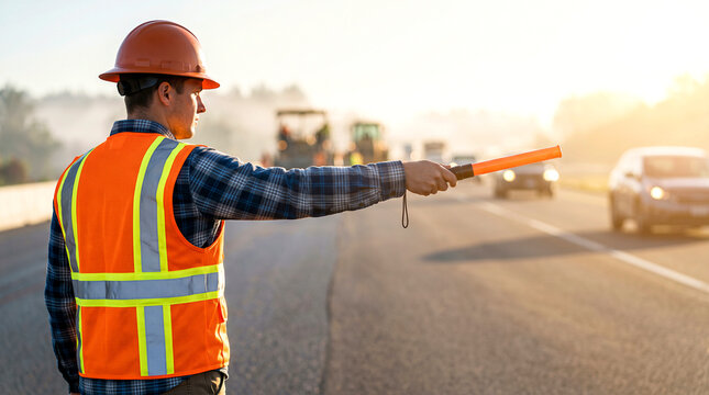 Road construction flagger in orange hard hat and high-visibility vest directing traffic with baton on highway at sunrise