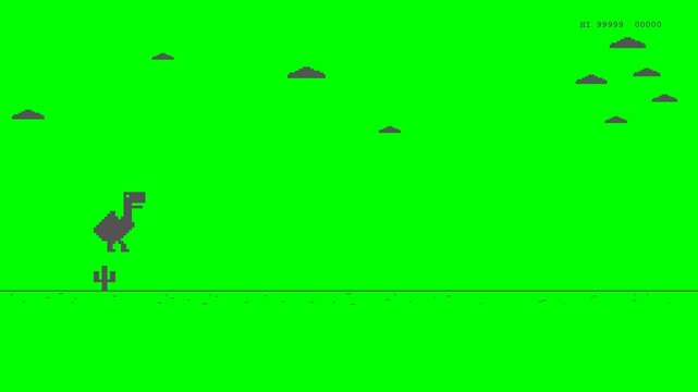 2D animation of a classic 8-bit pixel art dinosaur running and jumping over cactus obstacles in a desert. Features moving clouds, ground texture, and perfect seamless loop on chroma key green screen.