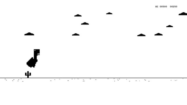 2D animation of the classic 8-bit pixel art T-Rex dinosaur running and jumping over cactus obstacles. Features exact sprite matching, moving clouds, ground texture, and a dynamic running score. Perfec