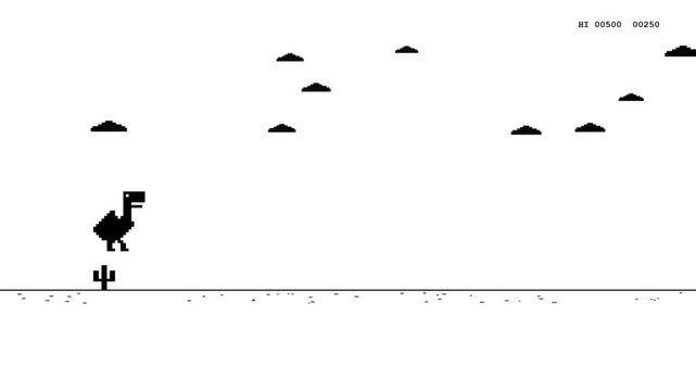2D animation of the classic 8-bit pixel art T-Rex dinosaur running and jumping over cactus obstacles. Features moving clouds, ground texture, and a dynamic running score. Perfect seamless loop on whit