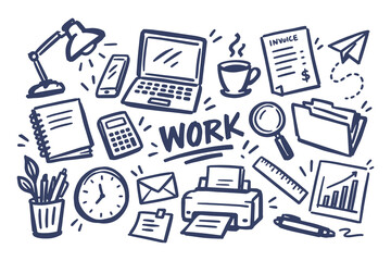 Naklejka na ściany i meble Office Work Hand Drawn Doodle Set with Laptop, Stationery and Business Icons