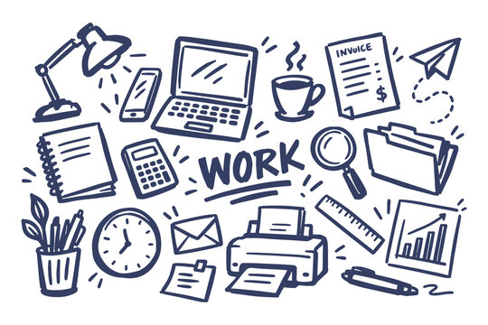 Office Work Hand Drawn Doodle Set with Laptop, Stationery and Business Icons
