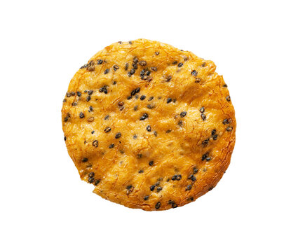 Japanese rice cracker with black sesame seeds senbei top view isolated on transparent background