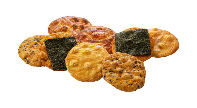 Assortment of traditional Japanese rice crackers senbei variety isolated on transparent background