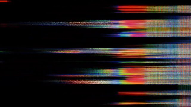Abstract artwork of horizontal bands displaying colorful pixelated streaks, resembling digital data corruption