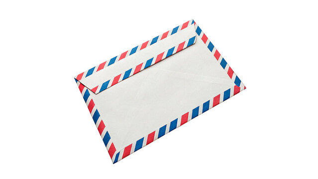Classic white envelope with blue red air mail border pattern, isolated on transparent background.