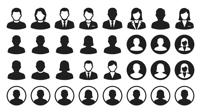 Set of User Avatar Icons, People Profile Silhouettes, and Account Symbols