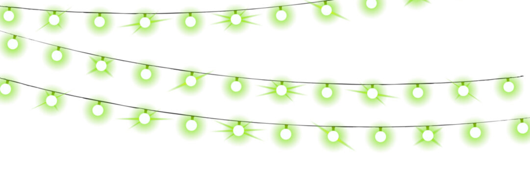 Green Glowing String Lights on White Background for Festive Decorations and Celebrations