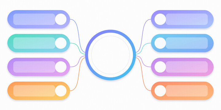 Vector flowchart infographic template with central circle and eight colorful rounded option banners for process diagram design