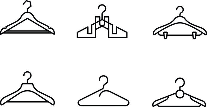 Retail wardrobe clothes hangers and boutique fashion laundry storage linear icons bundle featuring various wooden plastic metallic coat holder shapes