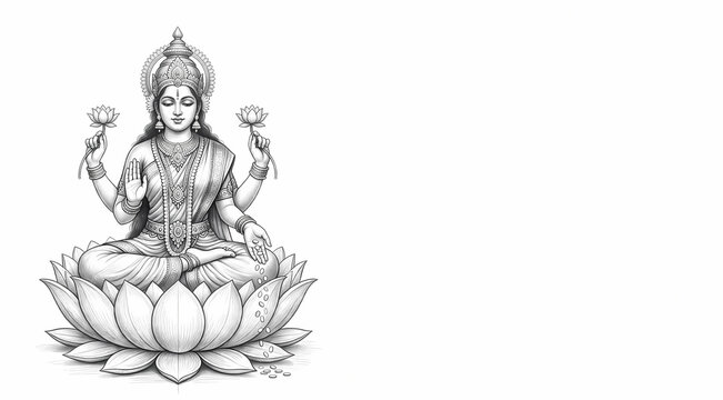 Graphite pencil sketch of a serene multi-armed goddess seated on a lotus throne with cascading coins on a white background. Fine art illustration.