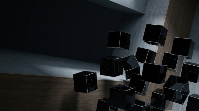 Abstract dark background with floating black cubes in a modern space