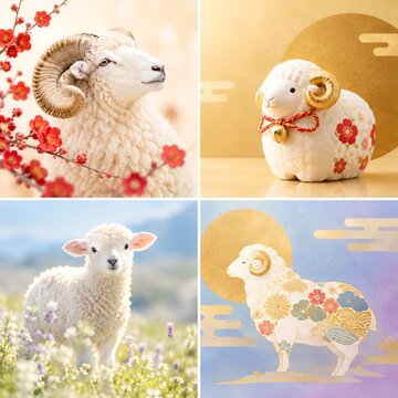 リアルとイラスト風の羊や可愛い干支の置物等和風イラストを4分割に配置した未年のコレクション
