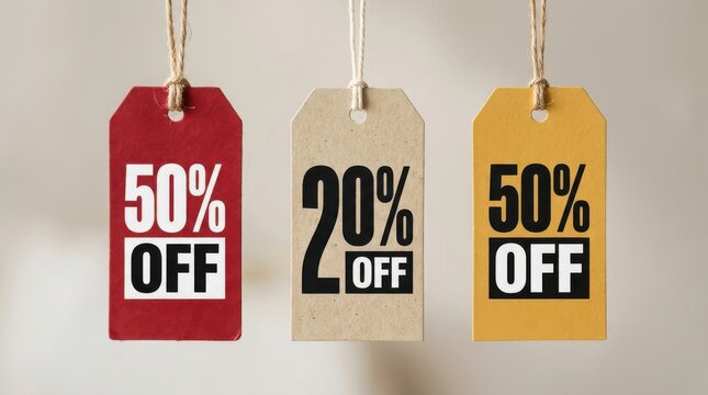 Three sale discount tags hanging side by side