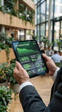 Man reviews CO2 reduction data on tablet in modern office