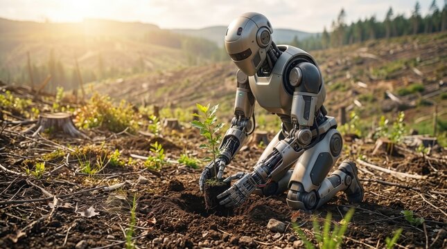 Robot planting a sapling in a deforested area