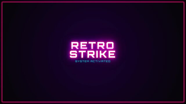 Retro strike neon text glows centrally inside a dark purple border frame with digital scanlines.