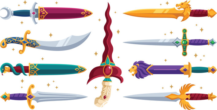 Fantasy dagger weapon vector set featuring magic swords wavy kris curved scimitar and royal gold blade collection