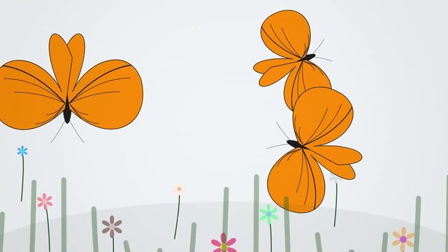 Animated orange butterflies flying over a whimsical meadow in spring