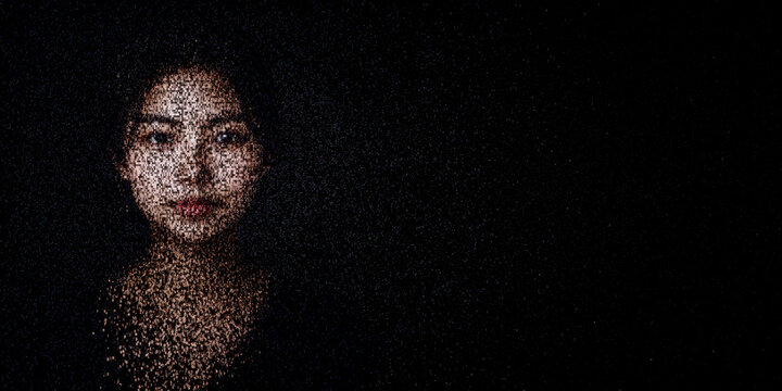 Digital ID Portrait of Asian Woman with Face made up of Numbers and Symbols. GDPR compliance Concept with copy-space.