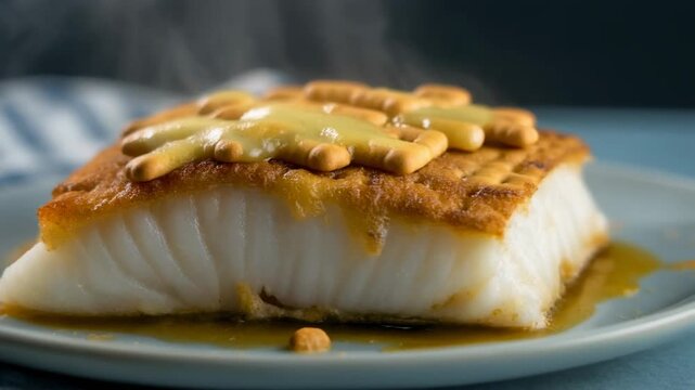 Baked cod fillet with buttery cracker crust. Fresh white fish dinner served on a ceramic plate.