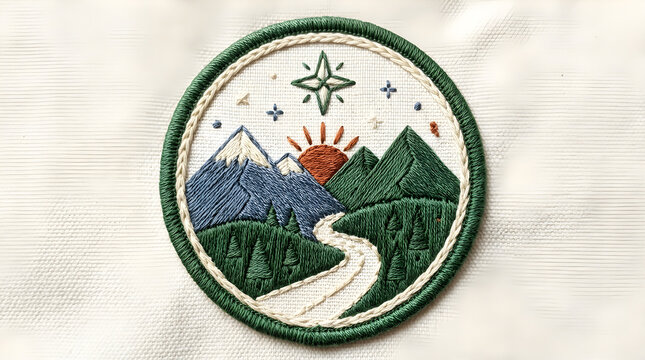 Round embroidered patch with a beautiful mountain landscape scene featuring a winding path and sun in a green forest