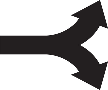 Split-arrow icon representing a choice, fork in the road, or diverging paths. Black split arrow road sign icon - vector icon showing two arrows splitting directions for road signs and navigation