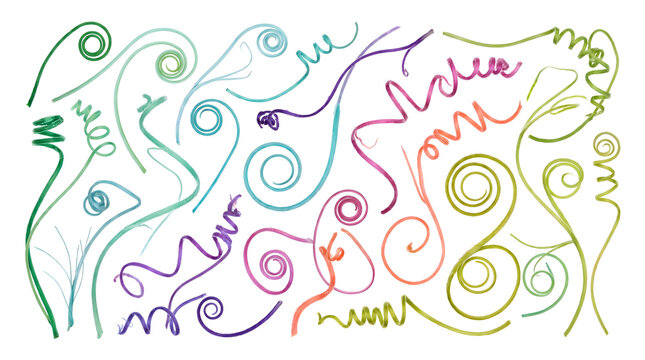 Collection of colorful hand-drawn swirls and curly lines isolated on a transparent background