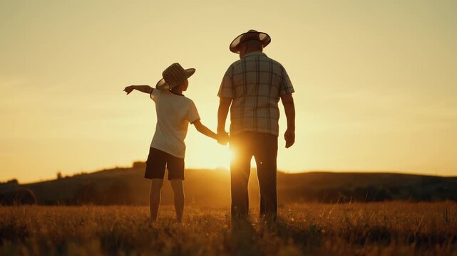 Old farmer and his little grandson in farmland, back view against bright sun. Golden light of dusk, boy watching sunrise above horizon, happy childhood moments, family connections and eco-farming