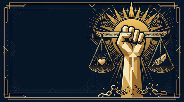 Art deco social justice background with a raised fist holding scales of equality and broken chains