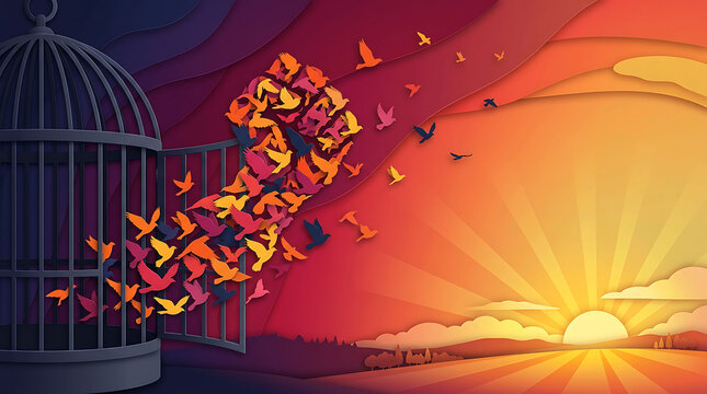 A conceptual paper art illustration of colourful birds escaping from an open birdcage toward a sunset
