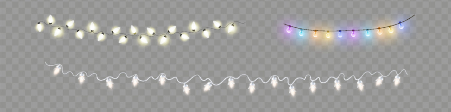 Christmas lights. Bright Xmas garland. Vector glow light bulbs on wire strings.