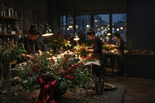Floral arrangements with red berries and greenery in dimly lit workshop
