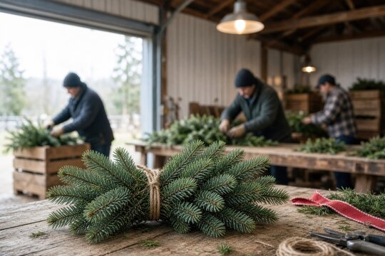 Crew preparing fresh evergreen bundles in rustic workshop with natural light